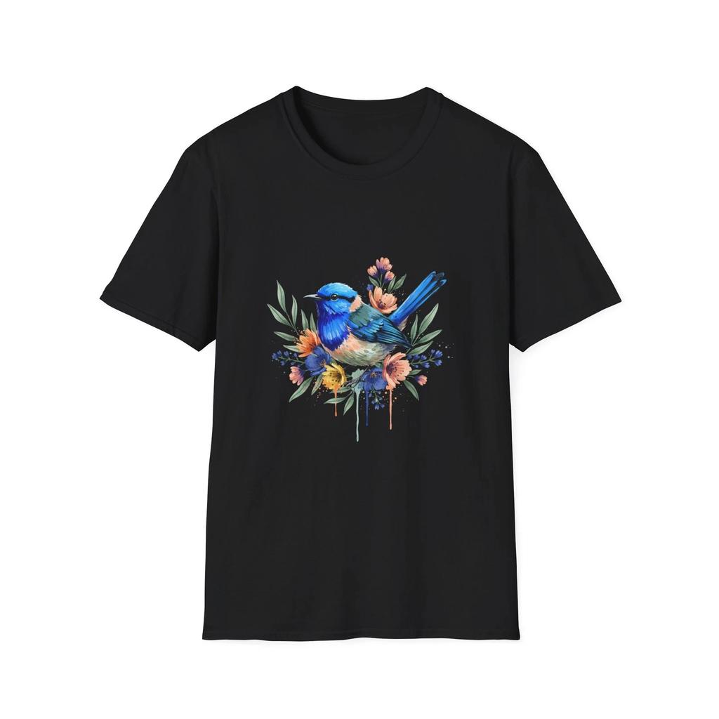 Bird Floral Watercolor Nature Boho Black T-Shirt Botanical Print Tee
