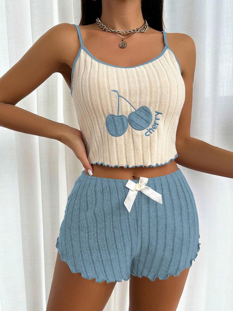 Women's Embroidered Pajama Set: Camisole & Shorts with Bowknot