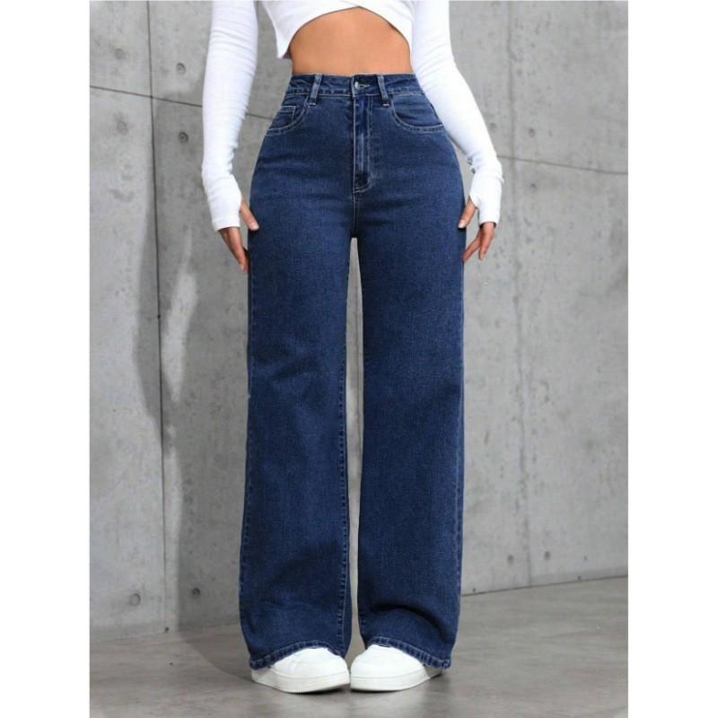 Womens High-Waisted Straight Leg Denim Jeans Classic Washed Vintage Style Wide Trousers Casual Office Wear