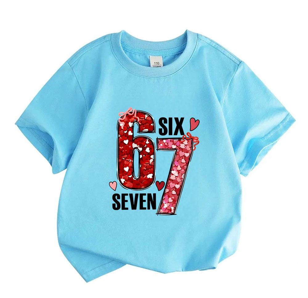 Kids Boys Girls 100% Cotton Crew Neck Short Sleeve T-Shirt, Cute 67 Six Seven Heart Pattern Valentine Themed Casual Soft Tee for Children Daily Wear