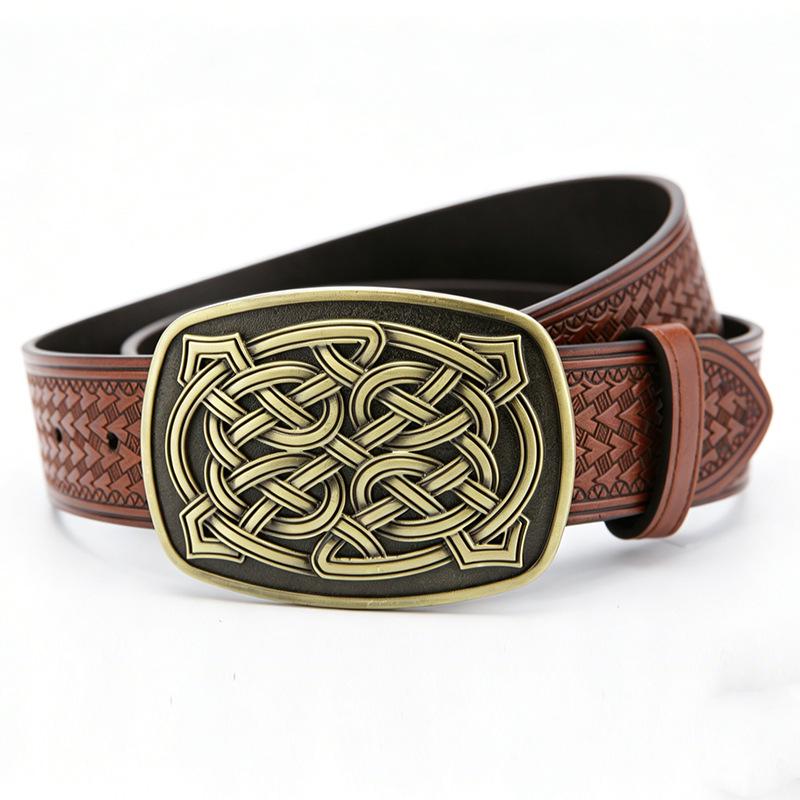Western Cowboy Men's Leather Belt with Large Buckle and Turquoise National Flag Pattern - Retro European American Style Waistband