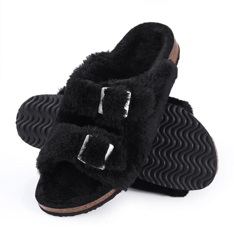Fashion Kidmi Womens Fuzzy Slippers with Arch Support Adjustable Buckles New Fashion Cork Footbed Slides Open Toe Indoor Shoes for Women