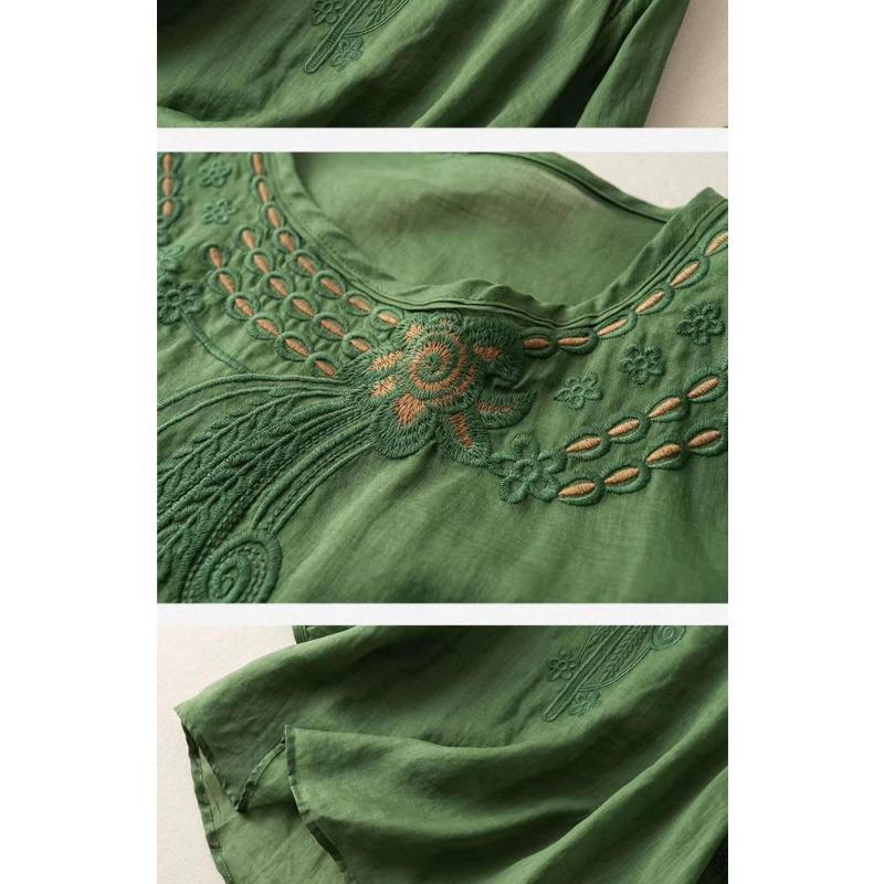 Women Summer Embroidered Round Neck Linen Cotton Blouse