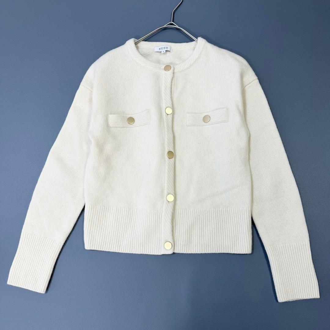 Washable PLST Extra Fine Merino Dollar Gauge Wool Crew Cardigan Gold Button Ivory M