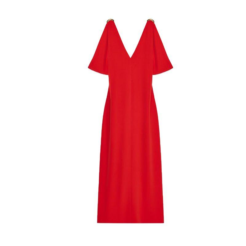 

Summer Women s Clothing Slit Hemline at Hem Pleated Decorative Gold Inlaid Sleeveless V-neck Midi Skirt Dress 3897080 Red L