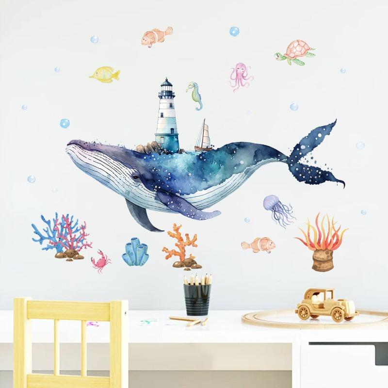 1pc Cartoon Cute Whale Seaworld Wall Stickers for Kids Room Children's Room Removable Living Room Nursery Decoration Wall Decals