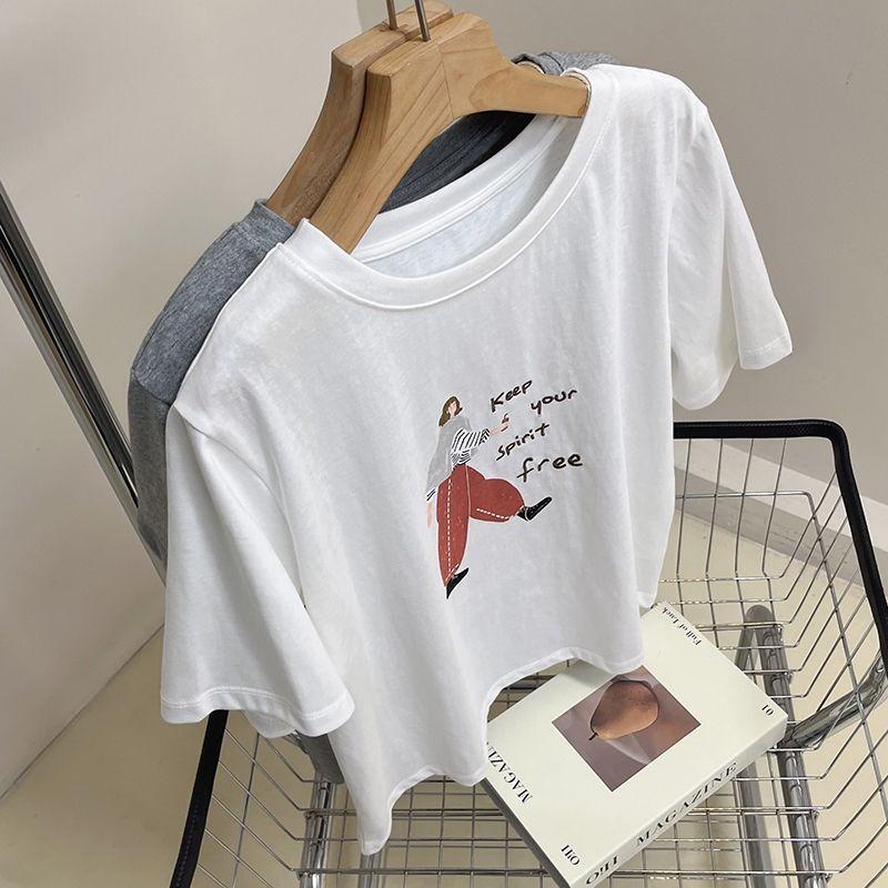White Print Short-sleeved T-shirt for Women New Korean Style Loose Cute Versatile Slimming and Flesh-covering Cotton Top