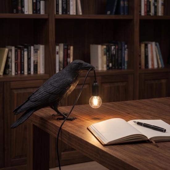 Tabletop Accent for Study Crow Table Lamp, Gothic Raven Night Light, Halloween Black Bird Artistic Wildlife Sculpture Lamp Dark Academia Desktop