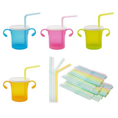 Agapura Straw Cup 180ml X 4 Types + Straw 50p Set, Cup (blue, Green, Pink, Orange), Straw (mixed Colors), 1 Set
