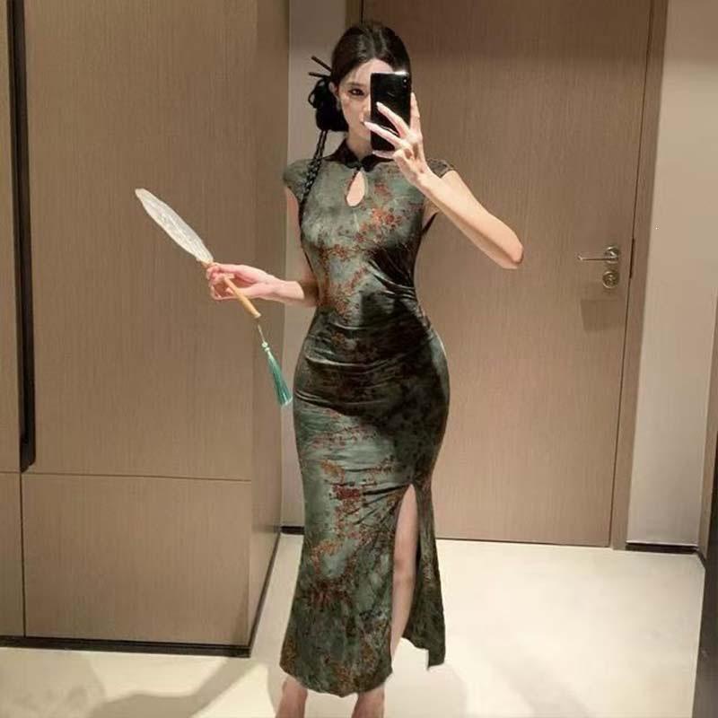 New Chinese National Style Retro Sexy Printing Improved Cheongsam Dress Women's Summer Style Hip-wrapped Long Skirt