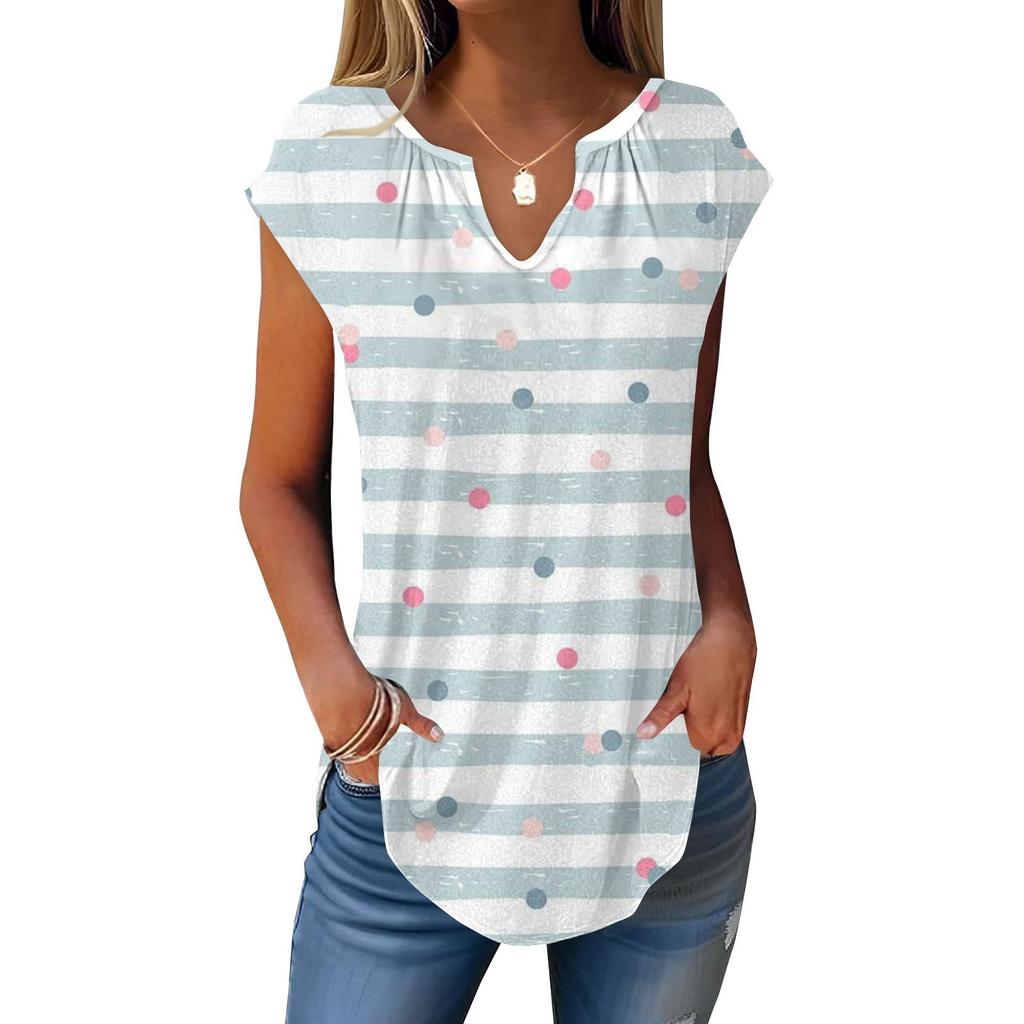 Summer Cap Sleeve T Shirts For Women Trendy Loose Casual Dressy V Neck Pleated Tunic Tank Tops