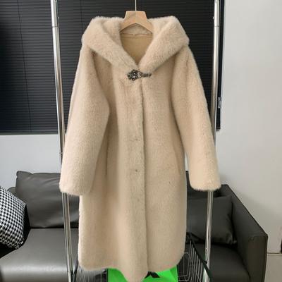 New European Mink Eco-friendly Fur Coat, Imitation Fur Mid-length Imitation Mink Fur Women's Hooded