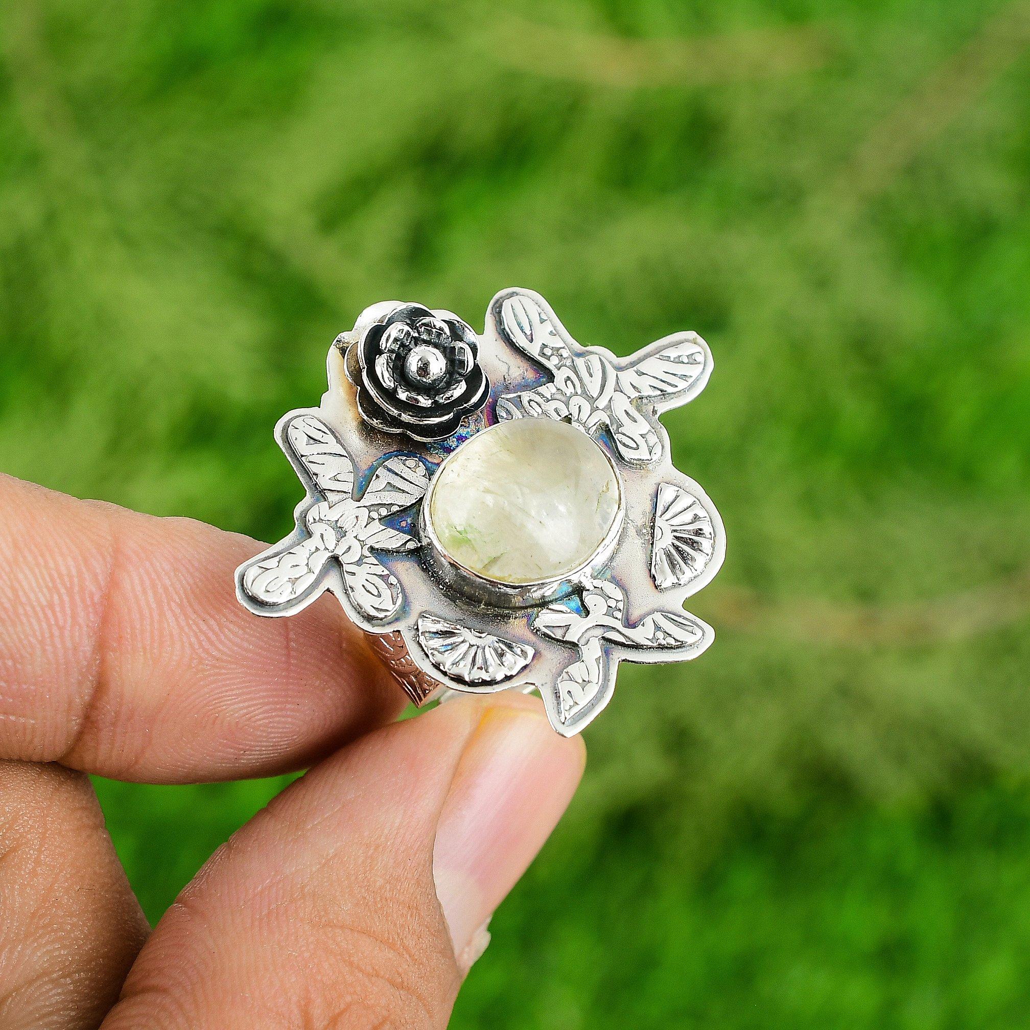 

925 Sterling Silver Oval Moonstone Gemstone Stackable Flower Mother Ring Jewelry Adjustable