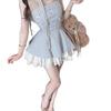 French summer new neck bow suspender dress female slim and thin plaid high waist tutu