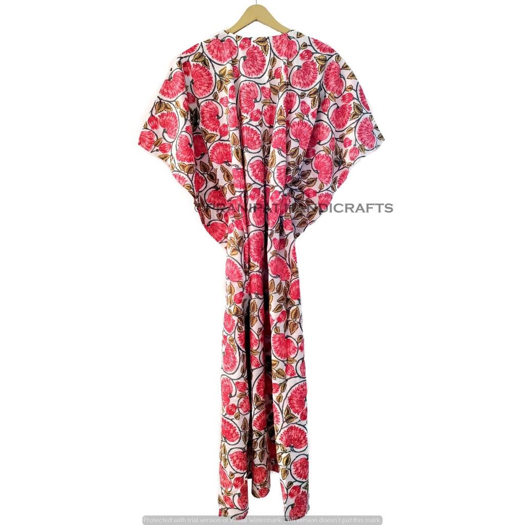 Damen Hippie Sommer Baumwolle Nachtwäsche Blumenmuster Weiß Langes Maxi Kaftan Kleid CKFTN-SCRN-FULL-BUYIT-140