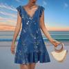 Women's Fashion Casual V Neck Wavy Edge Print Short Sleeve Dress