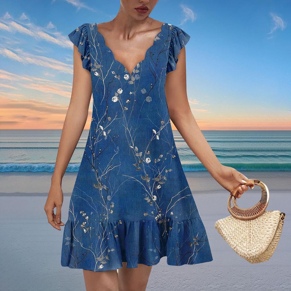 Women's Fashion Casual V Neck Wavy Edge Print Short Sleeve Dress