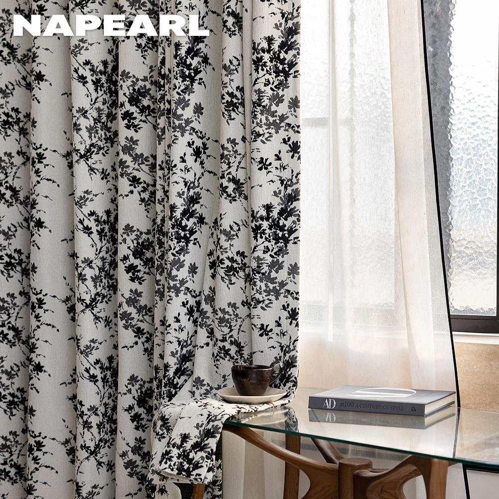 1PC NAPEARL Middle Ancient Style French Printed Curtains Black and White Floral Branch Printed Curtains for Bedroom Living Room Home Decor