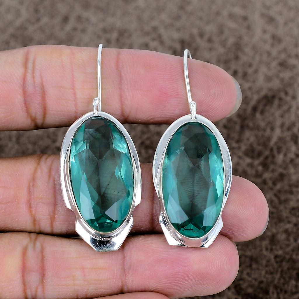 Green Amethyst Gemstone Handmade 925 Sterling Silver Jewelry Earring 2.01" KKG-625