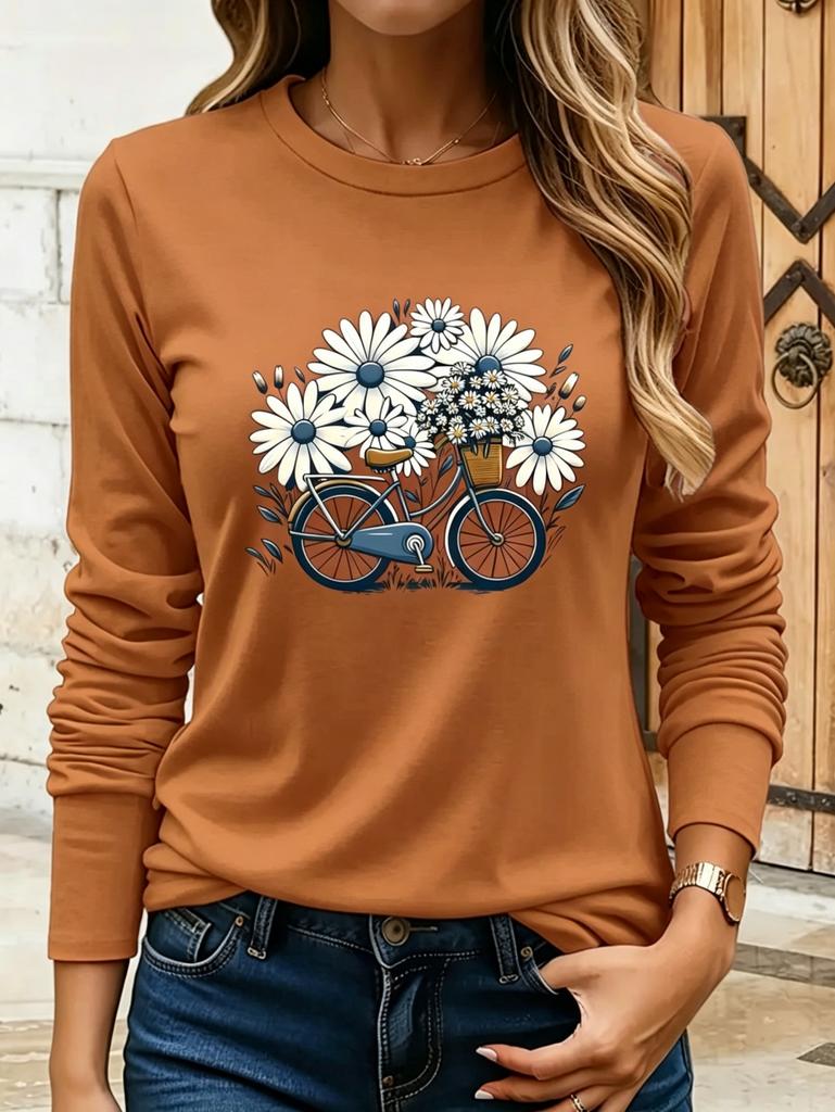 Floral Bicycle Print Women's Casual T-Shirts Graphic Tees Round Neck Tops Spring and Autumn T-Shirt Daily Wear Female Clothing