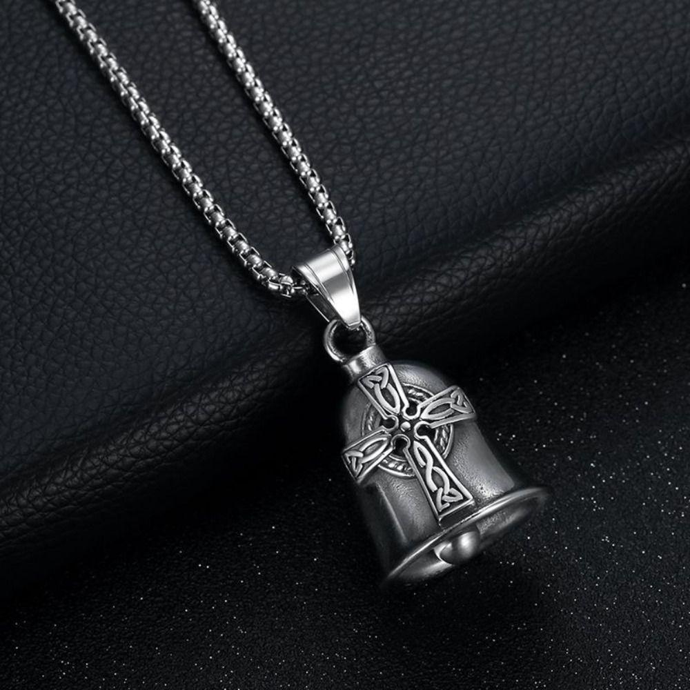 Nordic Style Lucky Bell Necklace Religious Biker Good Luck Charm Viking Cross Bell Necklace