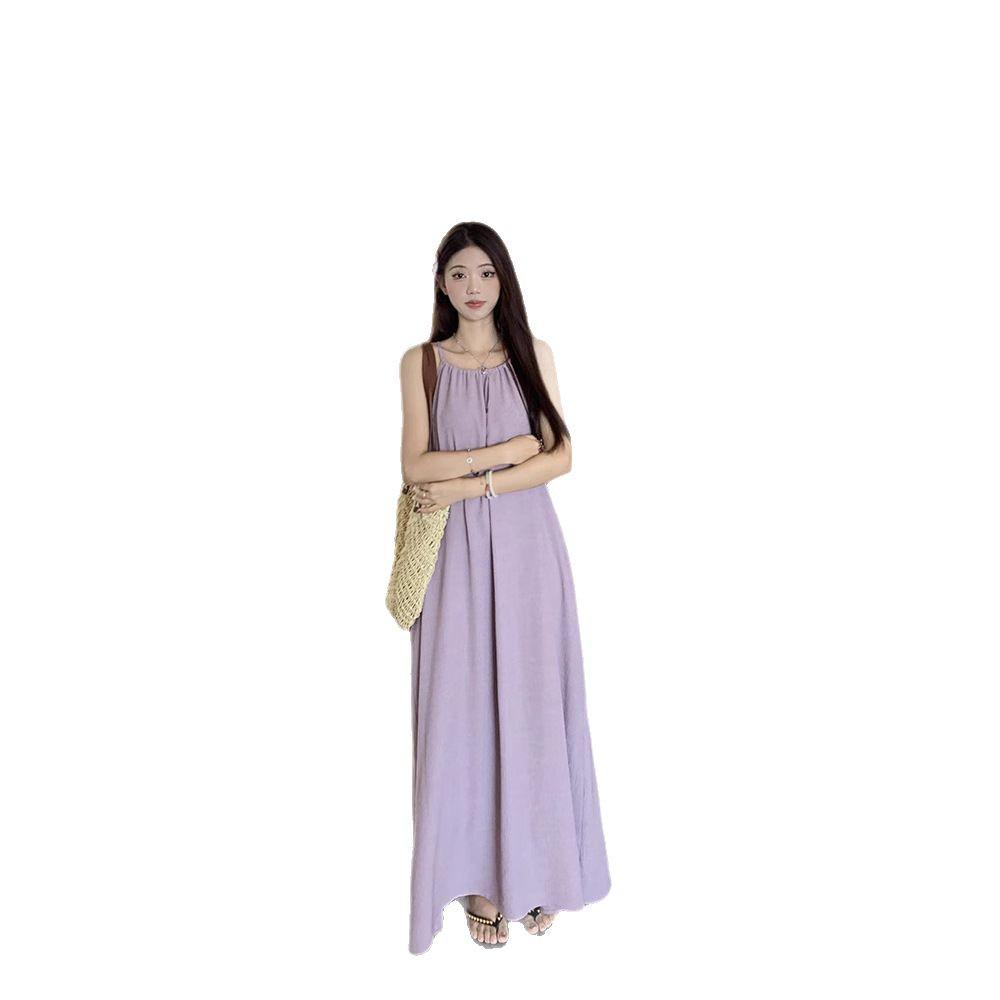 Petite French Purple Sling Dress for Women - 2025 Summer Loose Fit, Slimming, Temperament Style for Seaside Vacation.