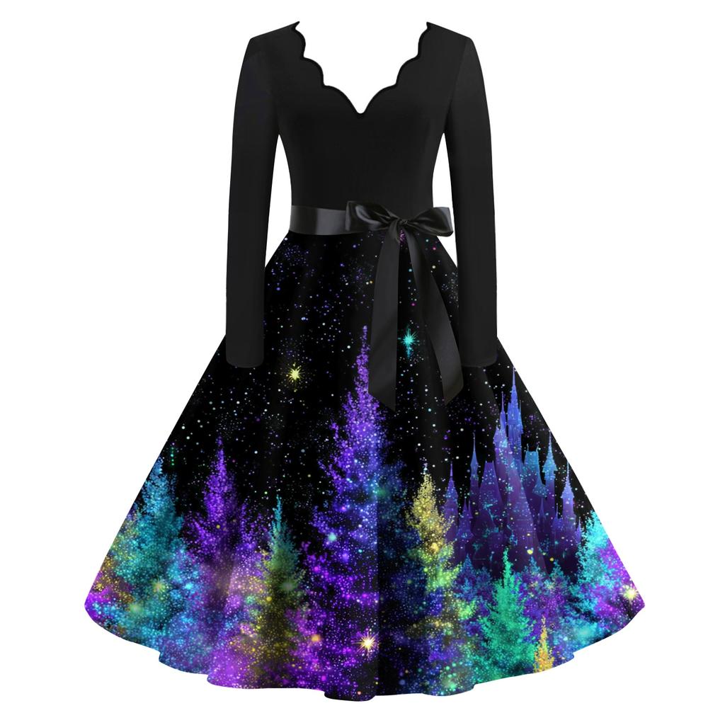 Damen Lässig Und Modisch V-Ausschnitt Langärmlig Weihnachten Bedrucktes Kleid