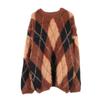 Women's French Argyle Pullover: Soft, Fluffy, Loose-Fit Color Block Sweater for Autumn/Winter, Versatile Round Neck Knit Design.
