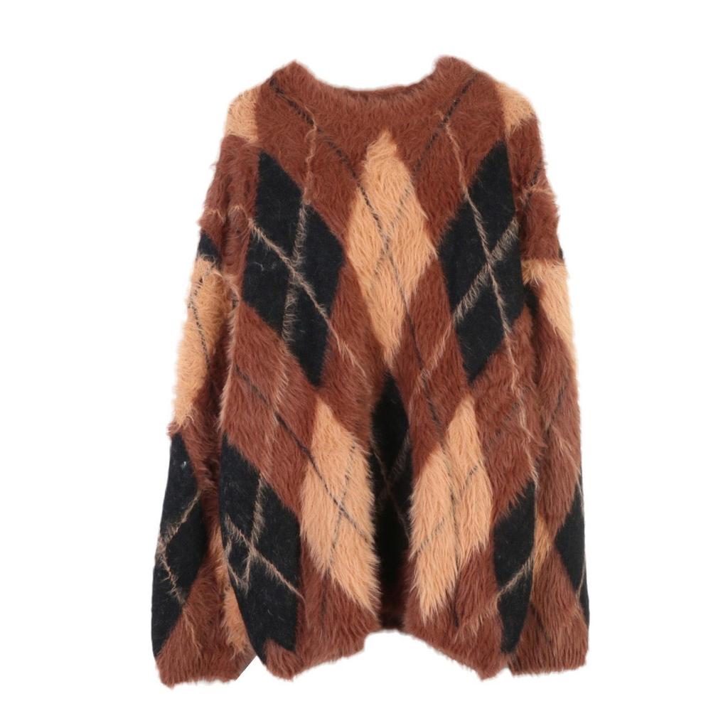 Women's French Argyle Pullover: Soft, Fluffy, Loose-Fit Color Block Sweater for Autumn/Winter, Versatile Round Neck Knit Design.