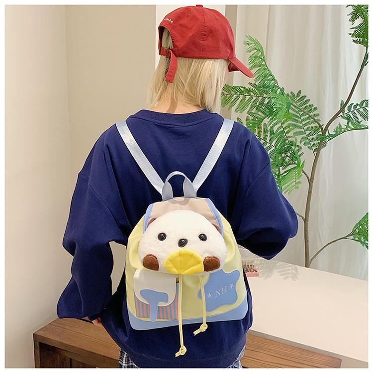 Checkered Dog Shell Pocket Cartoon Animal Plush Backpack For Student Commuting