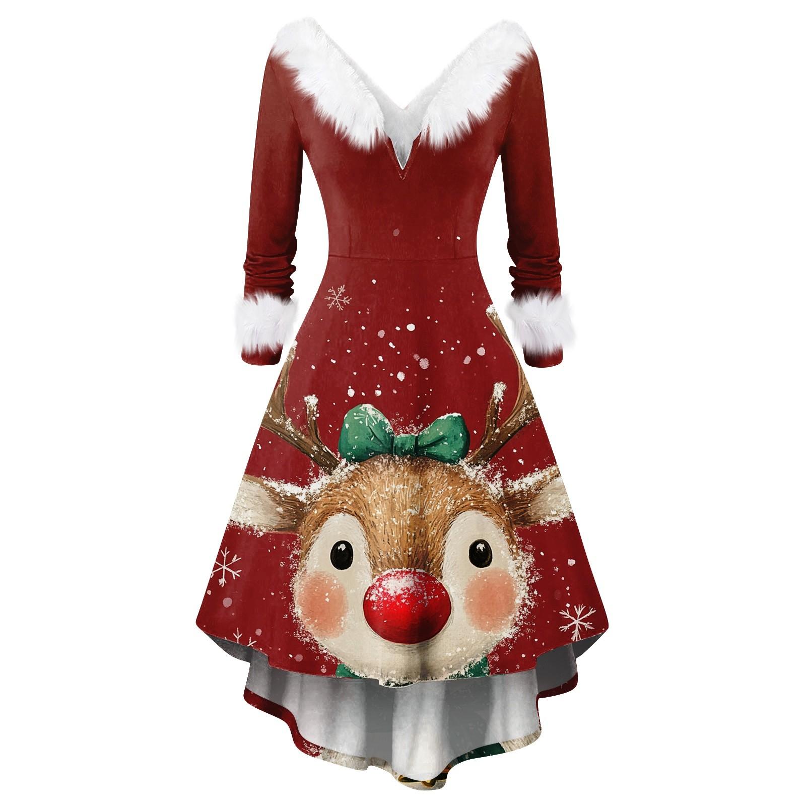 

Женское модное повседневное платье с v-образным вырезом и рождественским принтом для вечеринки с длинными рукавами XL винный