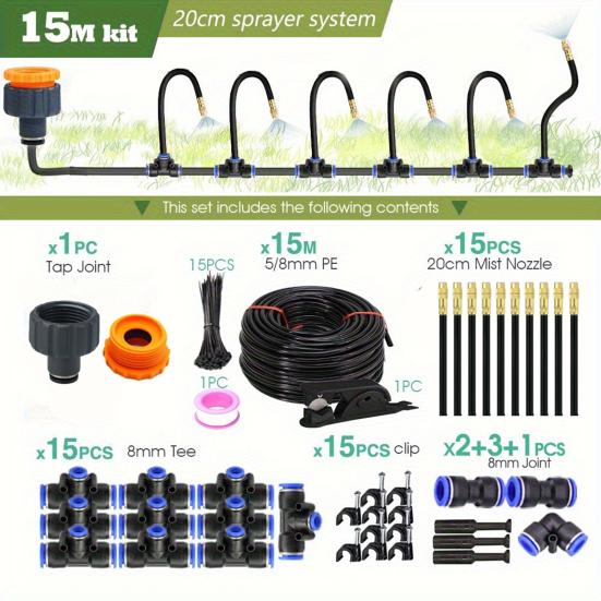 10M/15M Garden Irrigation System Irrigation Hose with 360-Degree Bendable Nozzles Quick Connect Drip Irrigation System for Greenhouse Lawn Watering