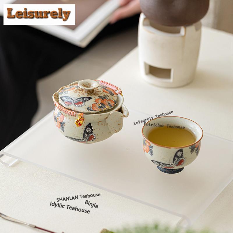 200ml Caramel Glaze Peach Butterfly Handheld Teapot Ancient Tea Infuser Pot Tea Brewing Kettle With Filter Tea Set Ornaments