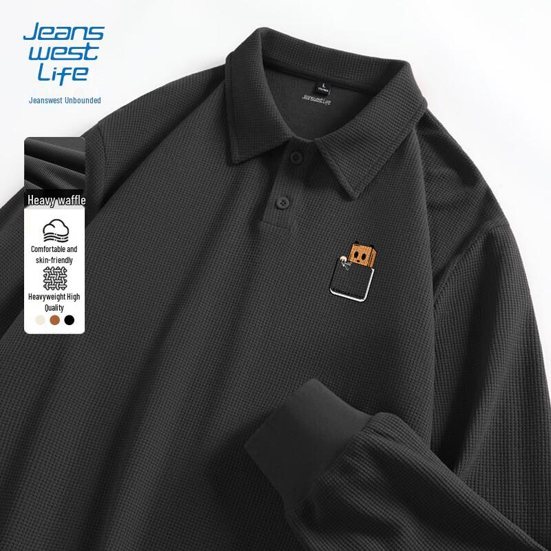 JEANSWEST LIFE Men's Waffle-Knit Long-Sleeve Polo Sweatshirt
