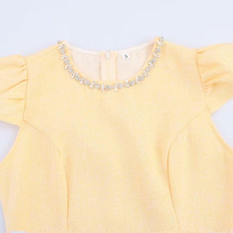 Kaslead New Women clothes Western Style Fashion Simple Heavy Industry Rhinestone Small Flying Sleeve Dress