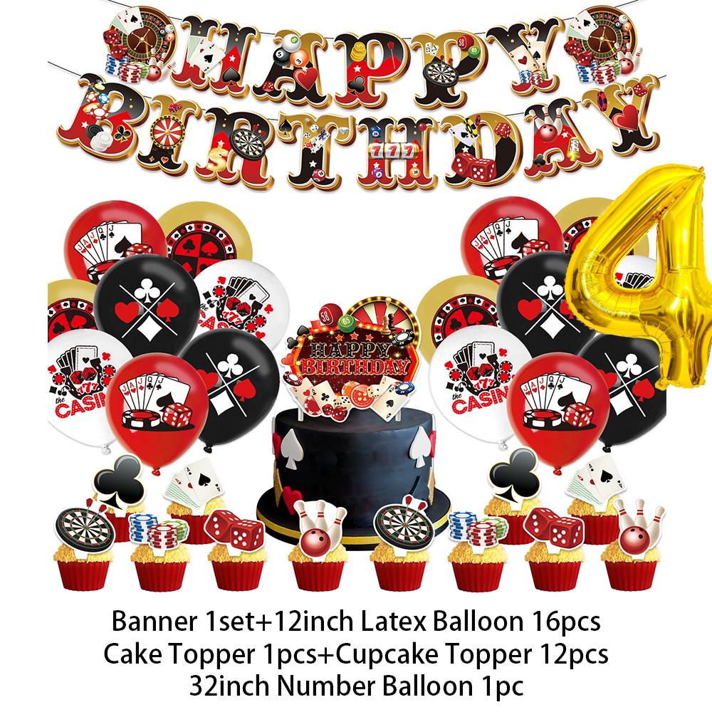 Casino Poker Chips Theme Birthday Party Decorations Playing Cards Money Golden Glitters Red Curtain BalloonS Cake Topper Banner