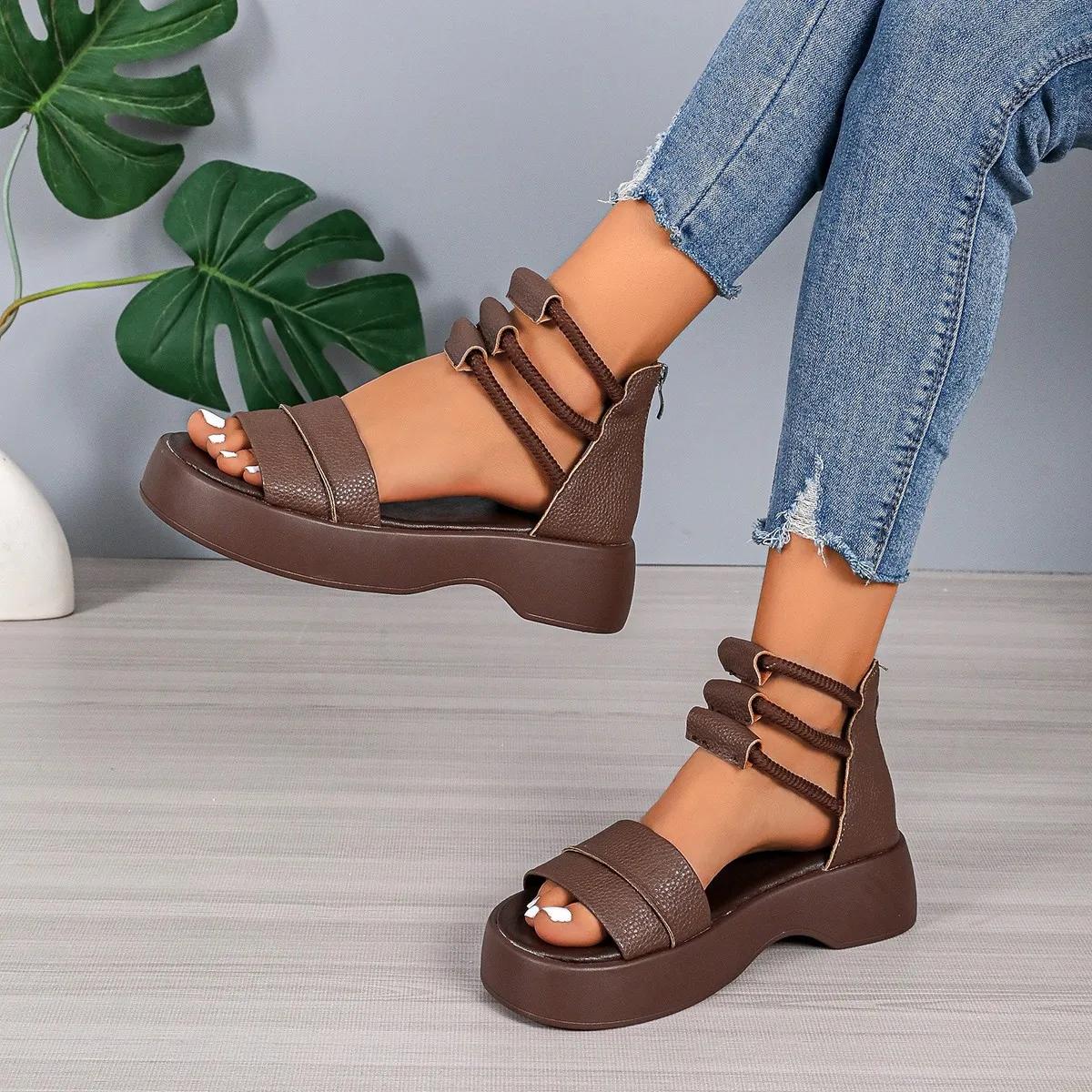 

Fashion Women s Brown Sandals Black 2024 Summer Women pu Leather Cool Ankle Boots Platform Shoes Med Heels Fashion Outdoor Sandalias 35 коричневый
