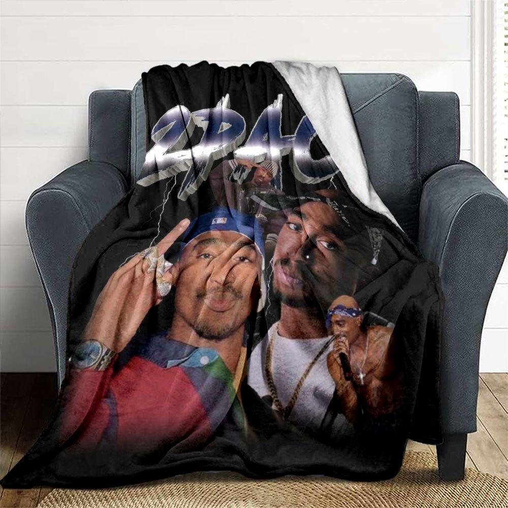 1pc 2PacHip Hop Blanket Soft Lightweight All Season Multi Purpose Throw for Sofa, Bed, Office & Picnics, French Style with Iconic Album Art & Quotes