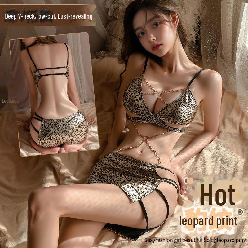 Manyan Sexy Deep V Leopard Print Shiny Nightclub Dance Queen Lingerie Suit