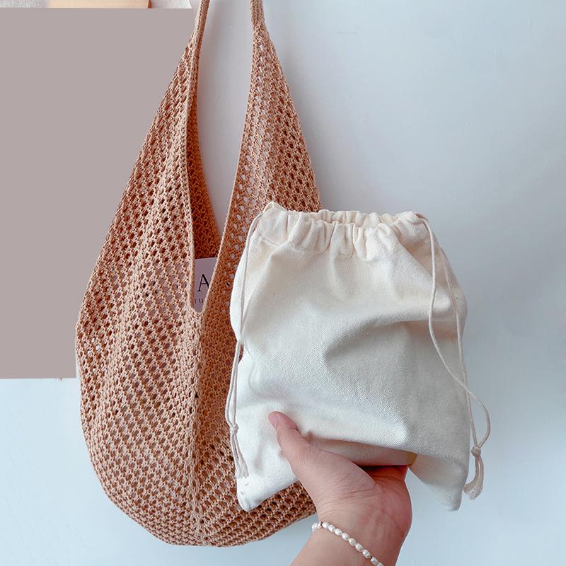 Yogodlns Fashion Large Capacity Beach Simple Knitted Women's ShoulderBag Knitted Hollow Woven Inner Tote Bag