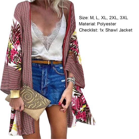 Women Cardigan Floral Print Batwing Sleeve Summer Bohemian Sun Protection Long Blouse for Daily Wear