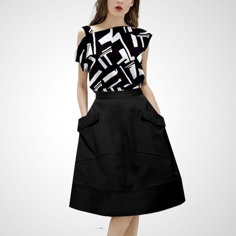 

Топ с короткими рукавами и юбка в слегка зрелом французском стиле с принтом, костюм-двойка, женская мода, западный стиль, повседневный костюм, юбка Square + Black M