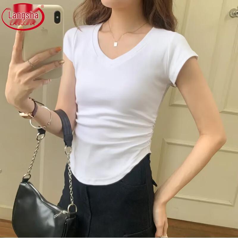 Langsha Irregular V-Neck Slimming Short Sleeve T-Shirt