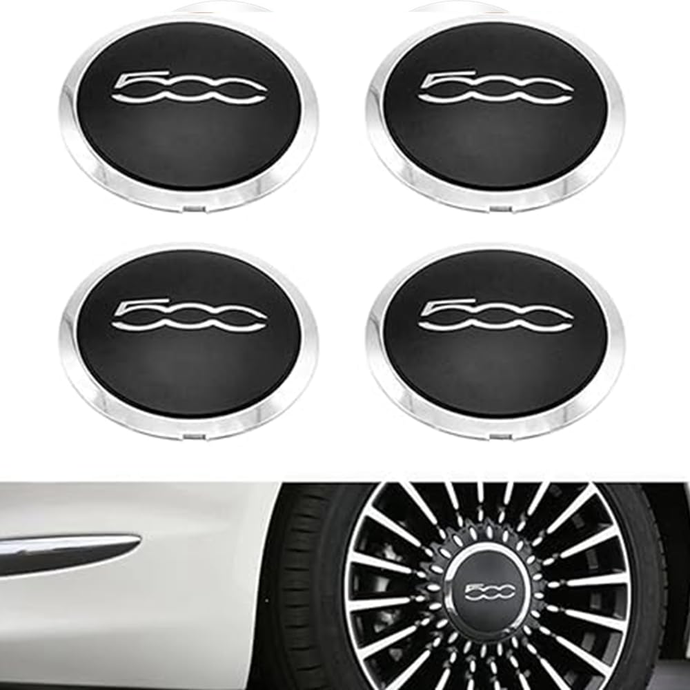 KOKATO Wheel Center Caps/Hub Covers for Fiat 500 (2008-2023) - Exterior Accessories, Specific to Vehicle (Silver x Black x Silver), Set of 4