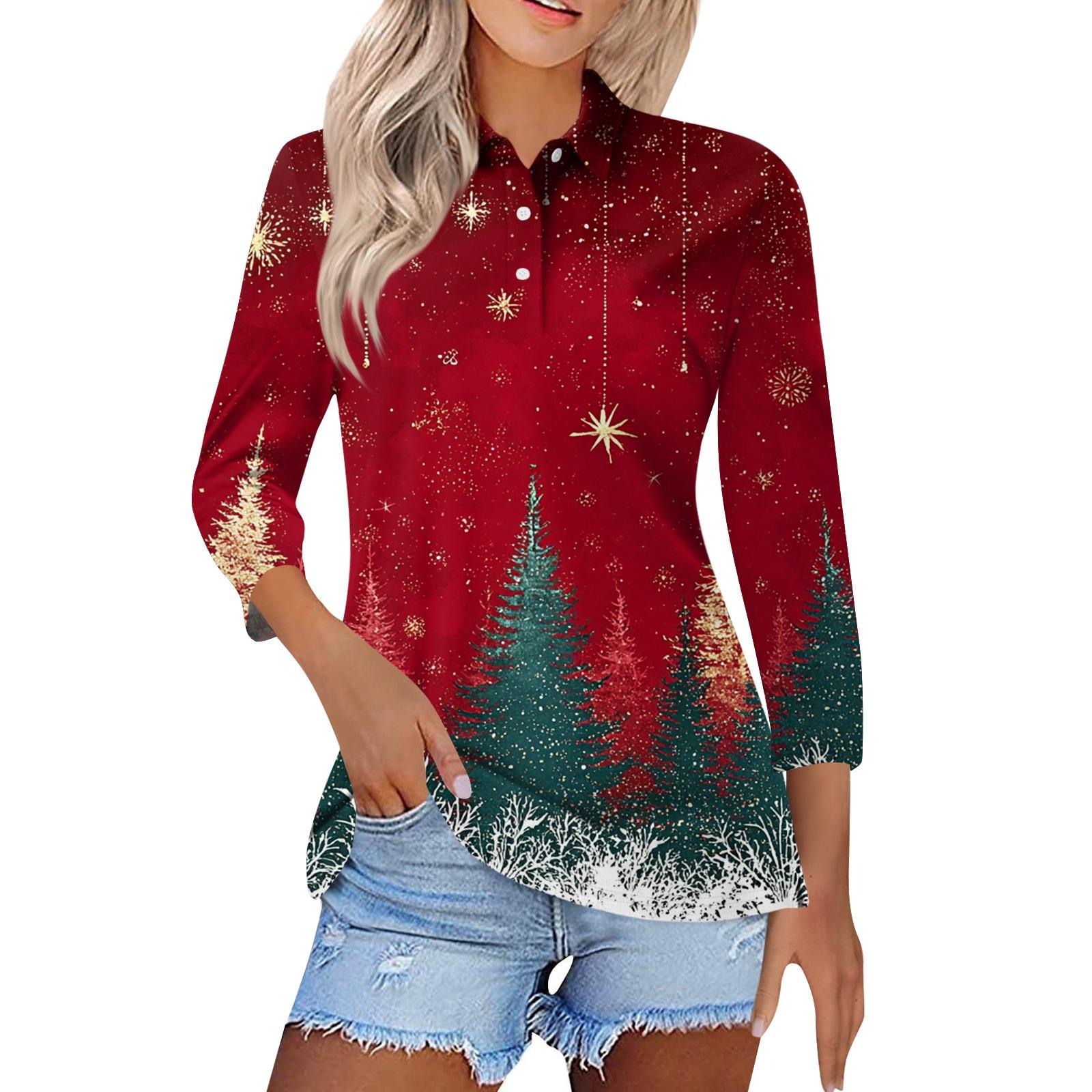

Женская модная повседневная рубашка с коротким рукавом 4/5 и лацканами, с рождественским принтом, женские топы на пуговицах XL киноварь