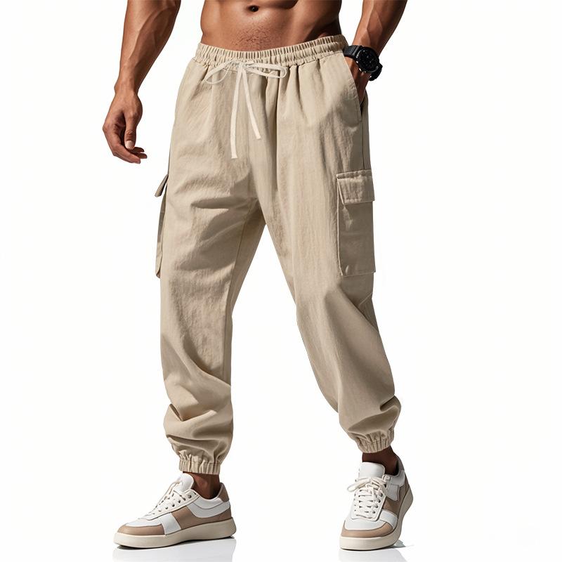 

Summer and Autumn Cotton and Linen Casual Foot Tie Multi-pocket Tether Solid Color Loose Large Size Tooling Trousers Men S абрикосовый