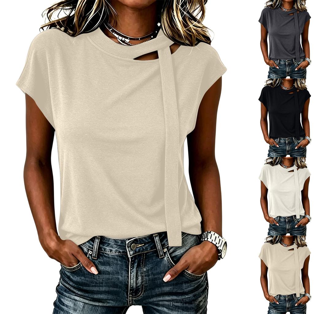 Damen Freizeit Ärmelloses Tanktop Rundhalsausschnitt Krawatten-Detail Sommerbluse Leichter Weicher Stoff Entspannte Passform