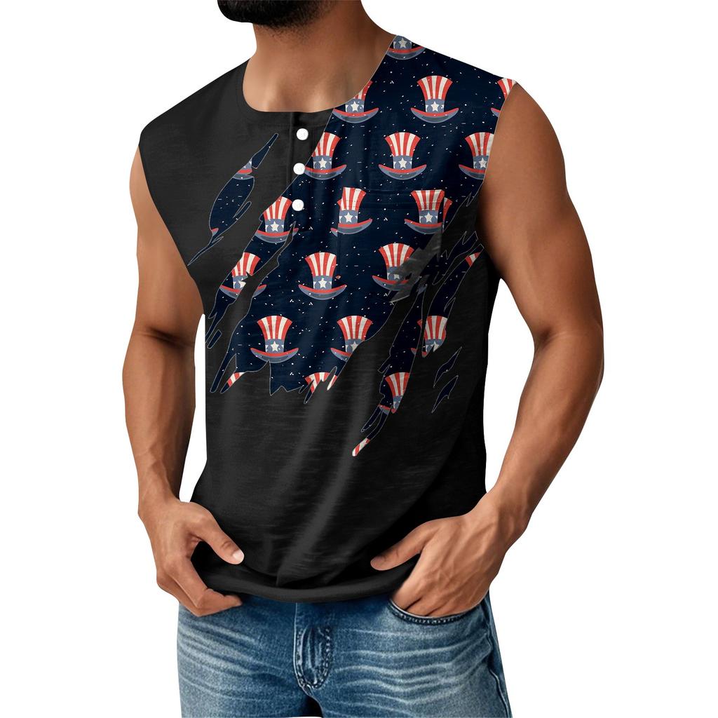 Men's Summer Independence Day Printed Sports Button Pocket Sleeveless Tank Top