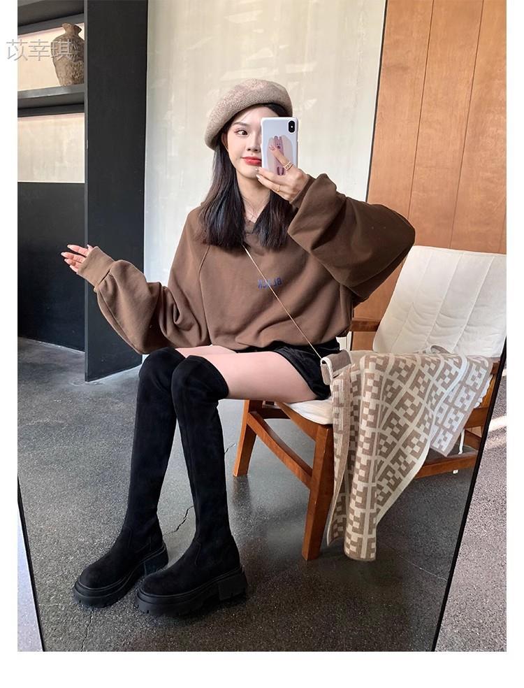 

Cowhide~ Grape Mom same boots women s thick-soled small thin knight boots elastic suede knee boots 34