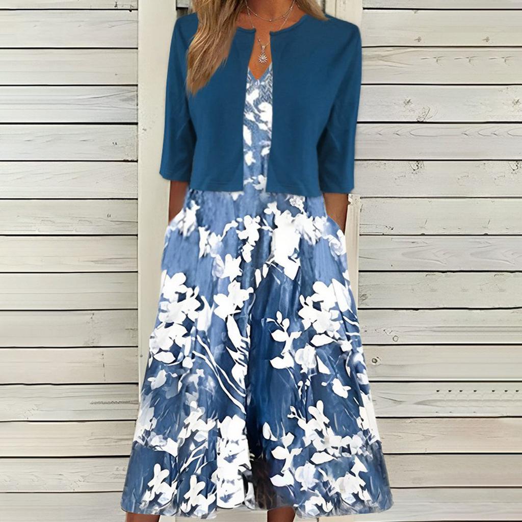 High Quality Women Summer Floral Print Two Piece Dress Set Short Sleeve Outfits